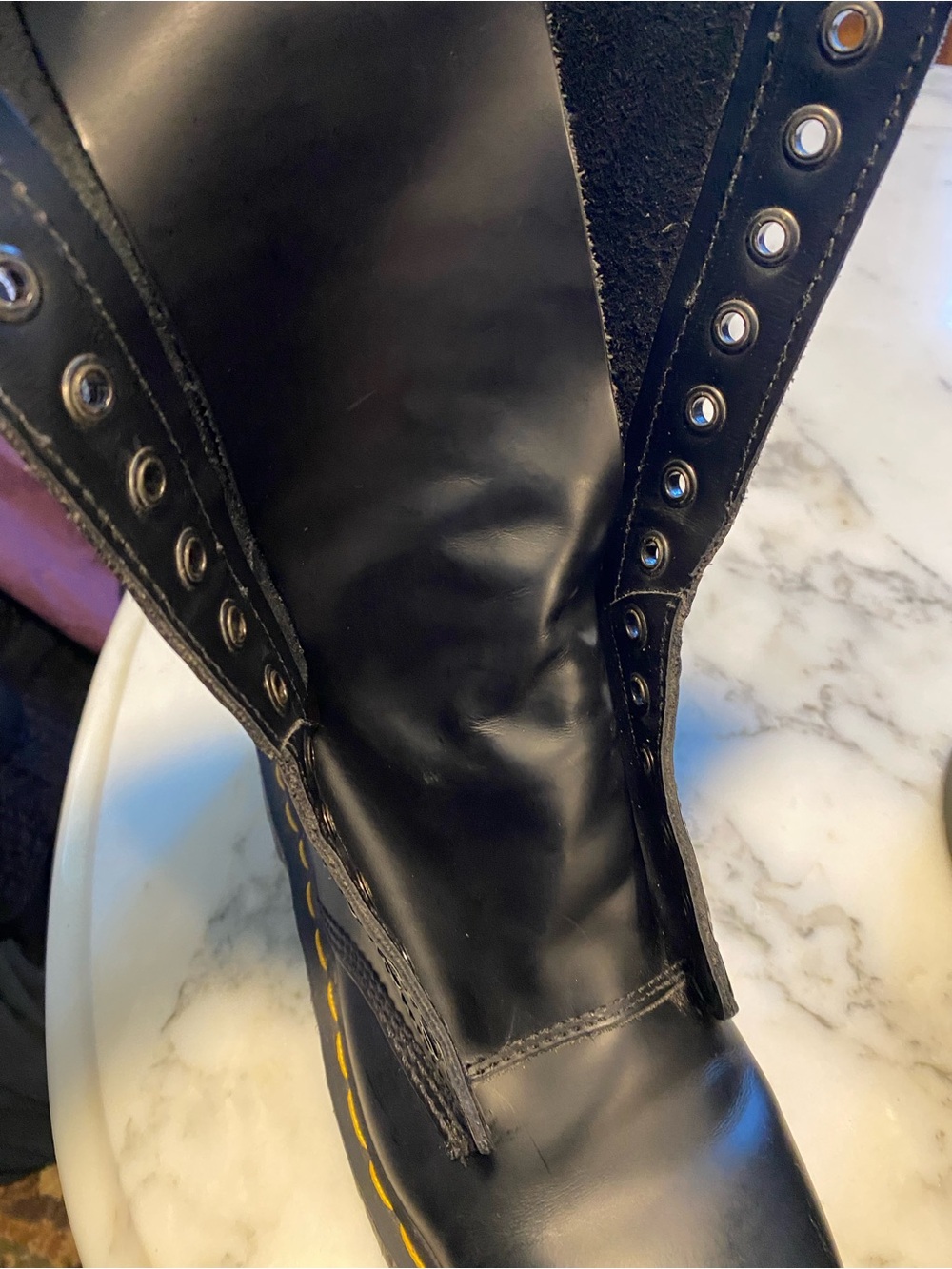 Dr. Martens Black 14-Eye Lace-Up Combat Boots with Yellow Stitching - Picture 11 of 14